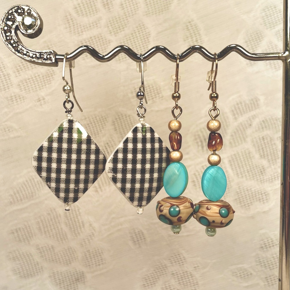 Earrings Pierced Handcrafted Unique Design SPECIAL SALE Black/White & Turquoise